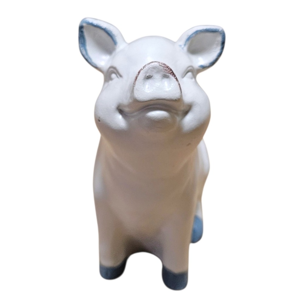 White Pig Figurine Farmhouse Country Kitchen Decor Blue Gray Rustic 8"